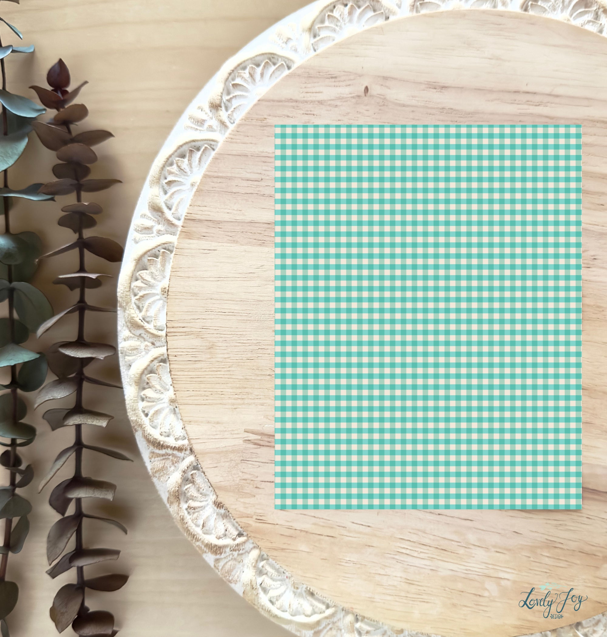 Robin Egg Blue and Ivory Gingham Water Soluble Transfer Sheet for Polymer Clay