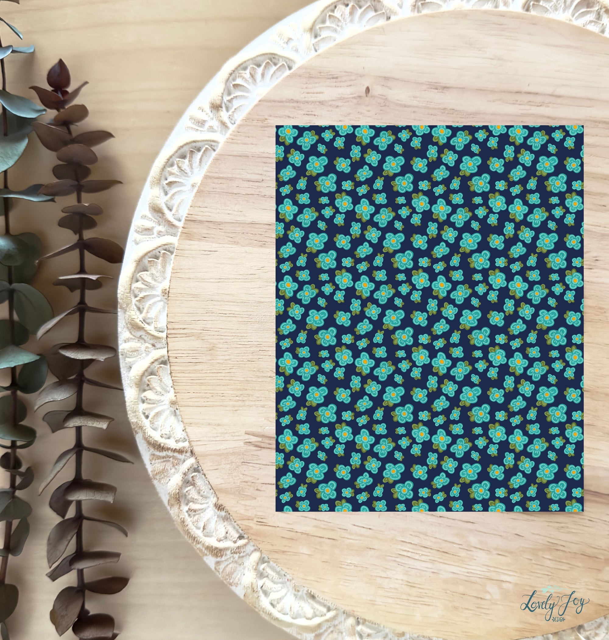 Dark Turquoise Flowers in Navy Water Soluble Transfer Sheet for Polymer Clay