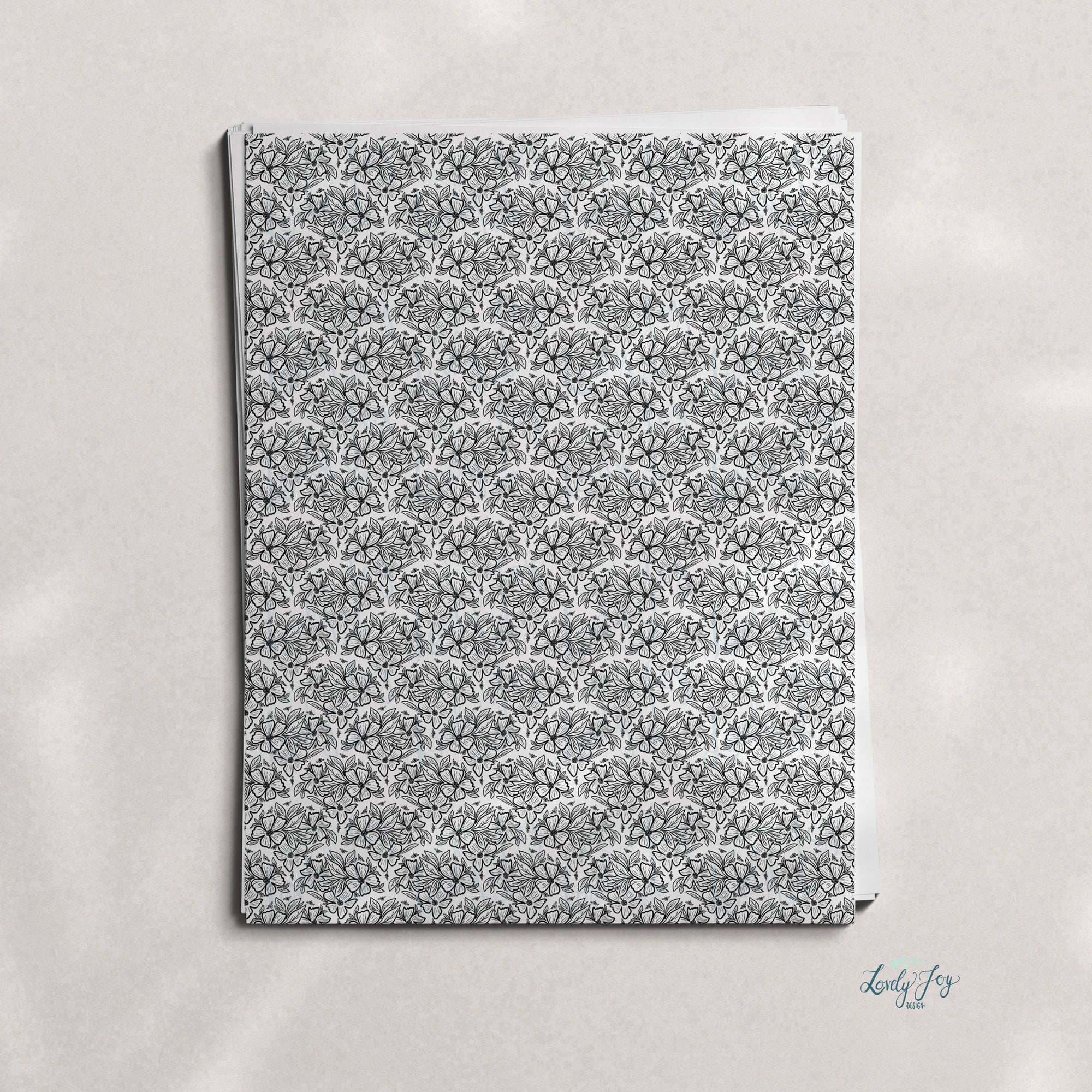 Floral Shell Black and White Design Digital Clay Transfer Sheet in US and Metric Sizes