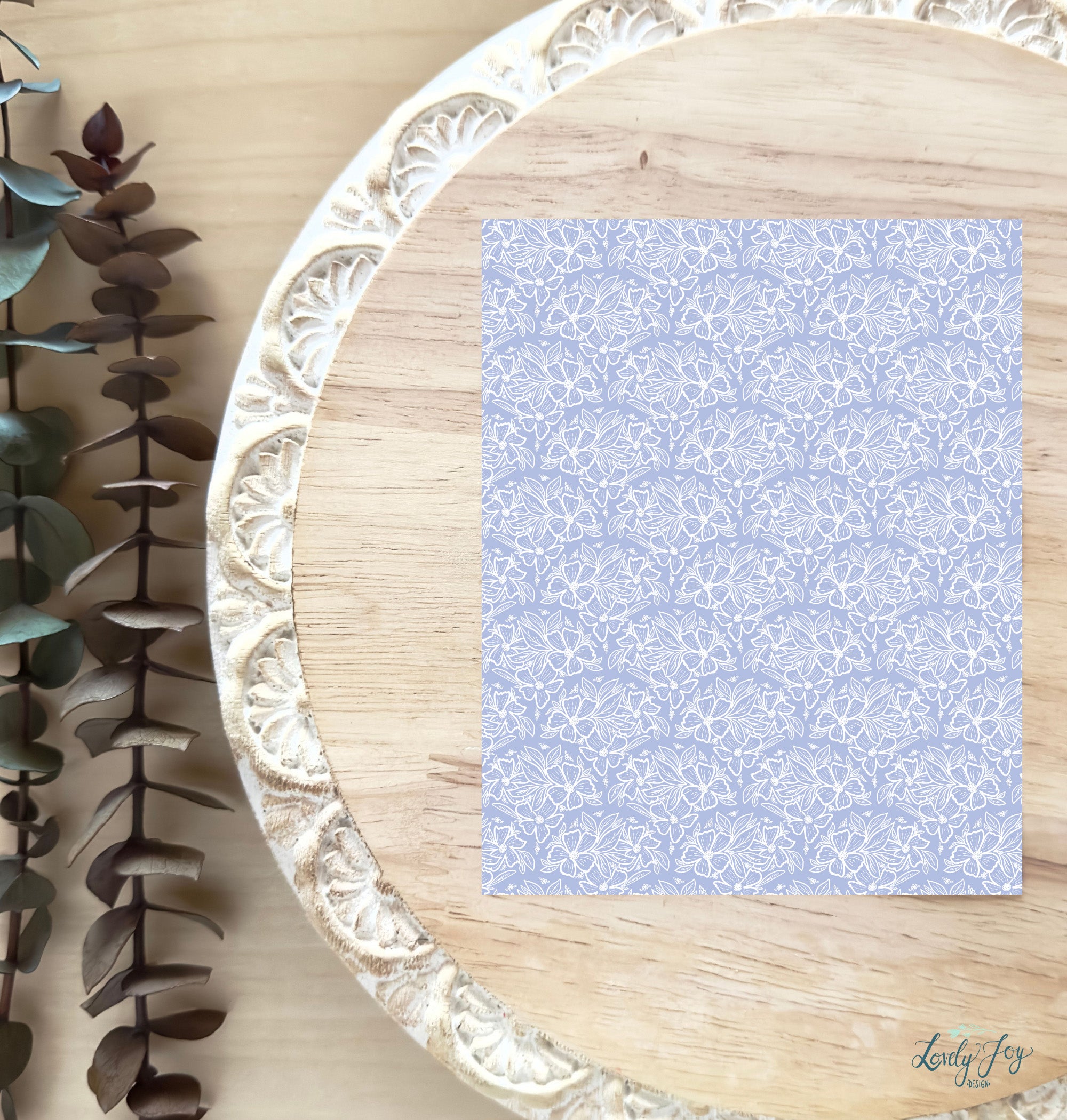 Floral Shell Pattern on Periwinkle Background Water Soluble Transfer Sheet for Polymer Clay