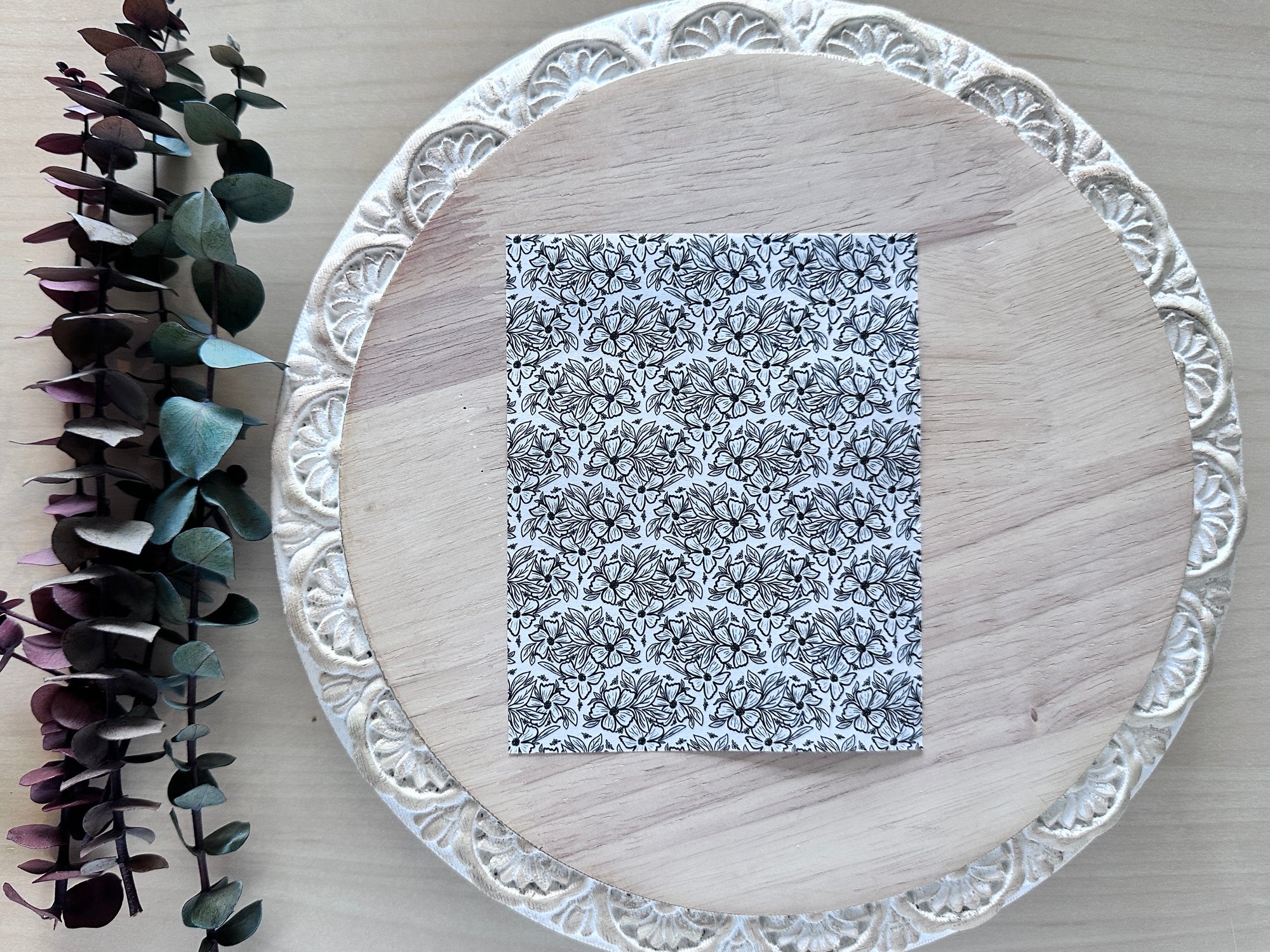 Black and White Flower in Shell Pattern Water Soluble Transfer Sheet for Polymer Clay