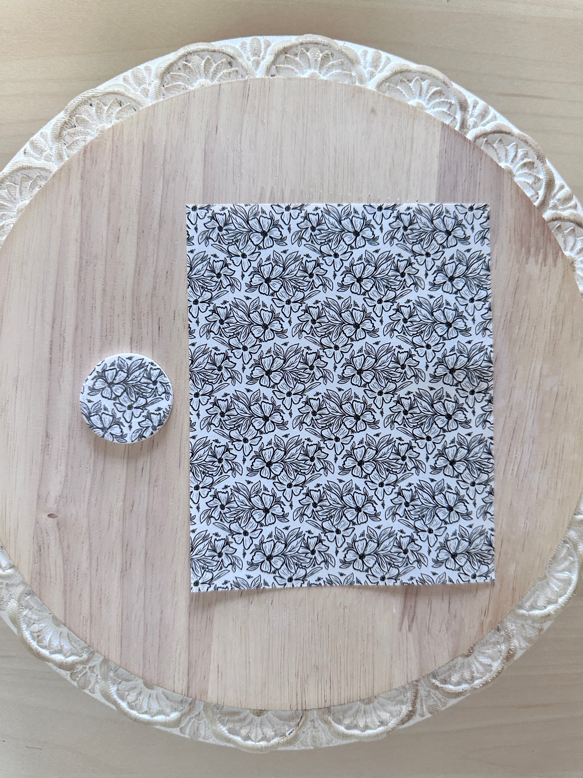 Black and White Flower in Shell Pattern Water Soluble Transfer Sheet for Polymer Clay