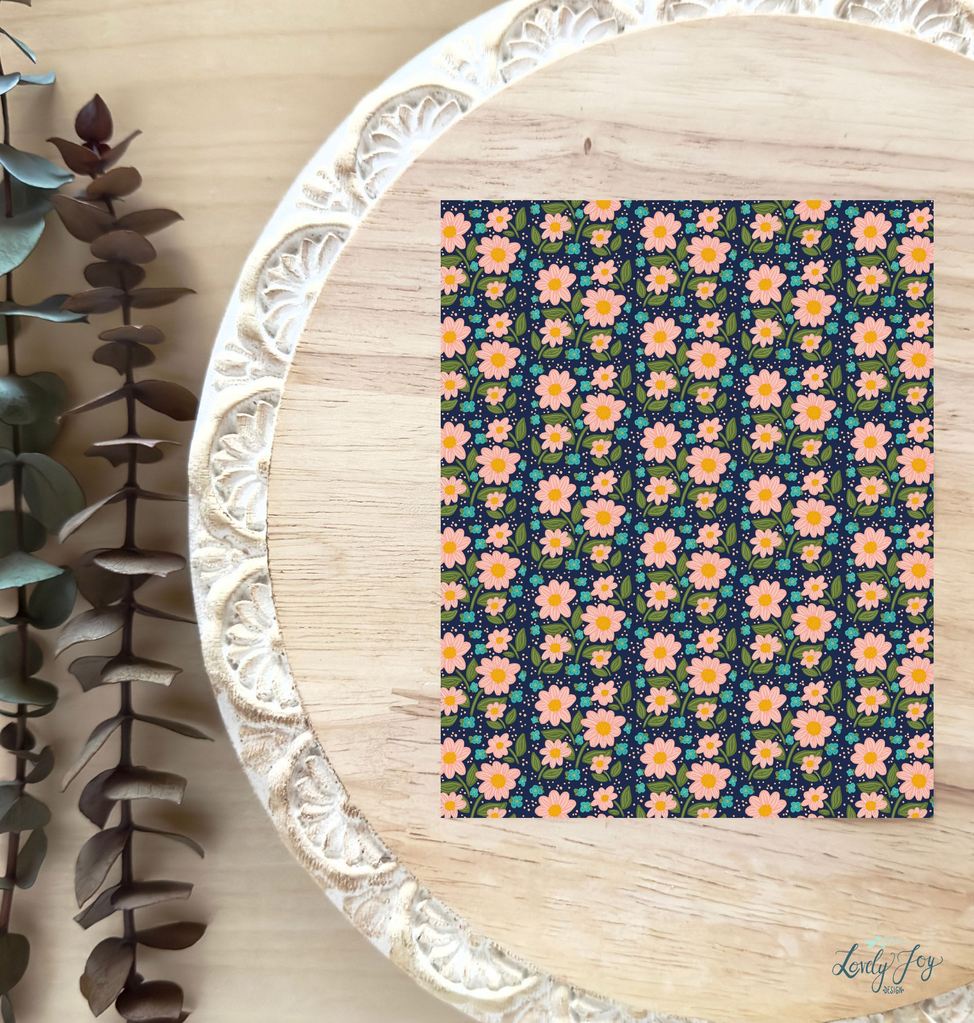 Peachy Pink Floral on Navy Water Soluble Transfer Sheet for Polymer Clay