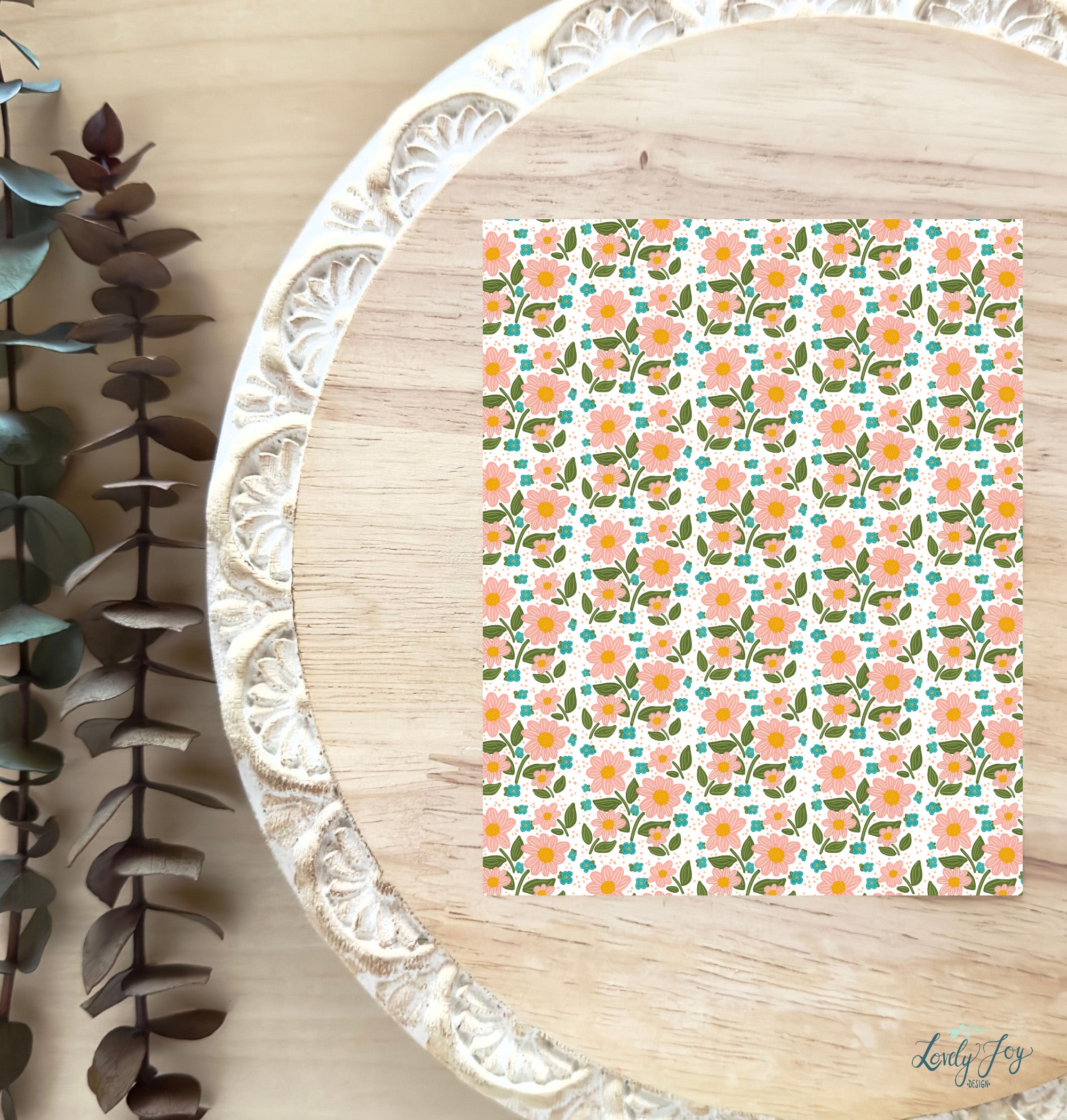 Peachy Pink Floral on White Water Soluble Transfer Sheet for Polymer Clay